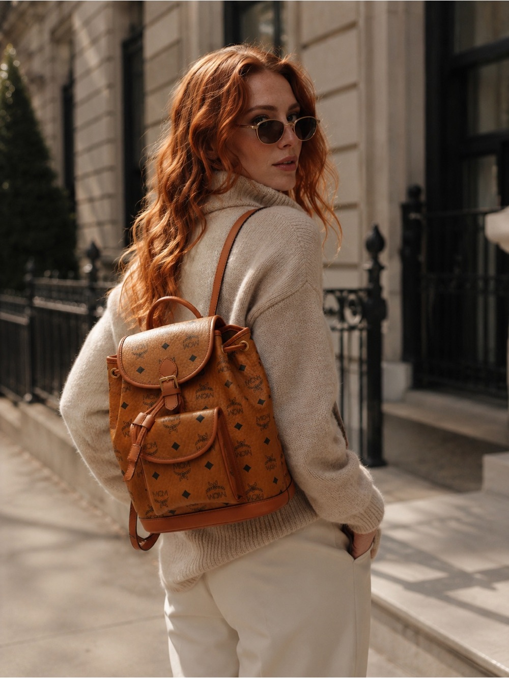 MCM Cognac Visetos Monogram Pocket Drawstring Authentic Backpack